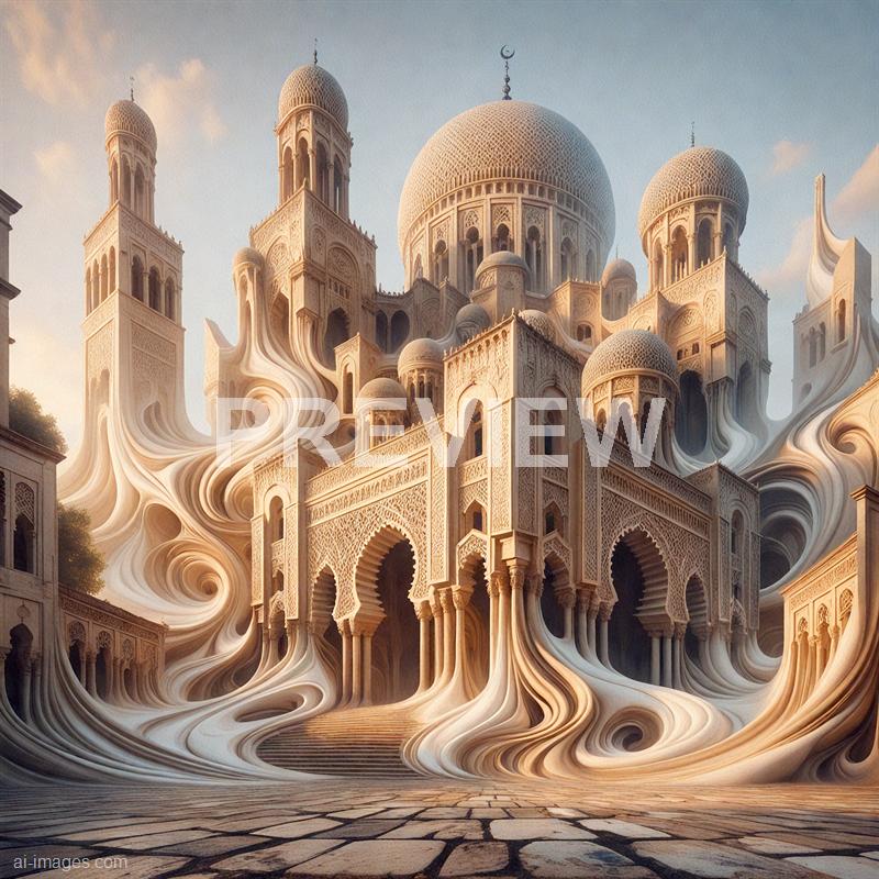 The image depicts an elaborate, fantastical palace with intricate architectural details, including multiple domes and towers, all rendered in a soft, warm color palette. The structure appears to be melting or swirling into the ground, with flowing, ribbon-like extensions that blend into the cobblestone courtyard below. The sky behind the palace is partly cloudy with a gentle, golden light illuminating the scene, emphasizing the surreal and dreamlike quality of the architecture.